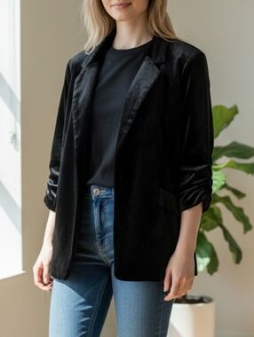 Skies Are Blue Velvet Open-Front Blazer in Black